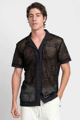 KISSOSS Men Self Design Casual Black Shirt