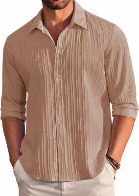 VELLOSTA Men Self Design Casual Beige Shirt