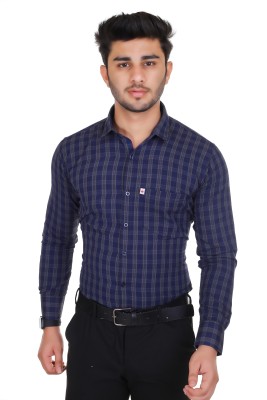 Marc Laurent Men Checkered Casual Dark Blue Shirt