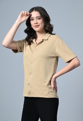 CLAfoutis Solid Women Mandarin Collar Beige T-Shirt