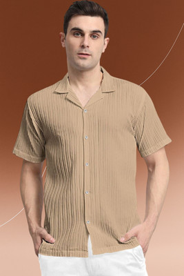 A DEEMOON TREND Men Self Design Casual Beige Shirt