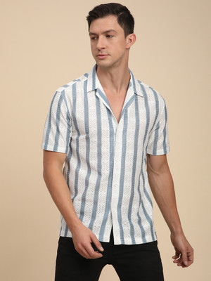 Voroxy Men Striped Casual Grey Shirt