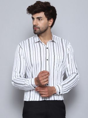 BANHUSSAIN Men Striped Casual White Shirt