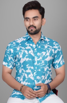 Voroxy Men Printed Casual Light Blue, White Shirt