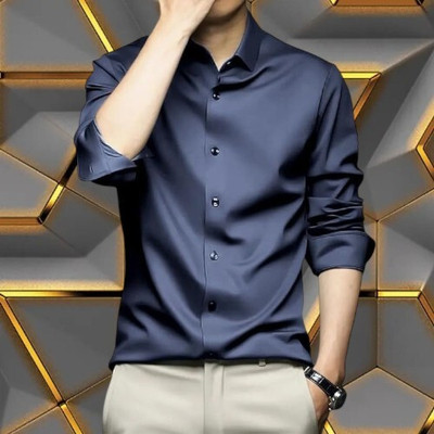 The style grove Men Solid Casual Blue Shirt