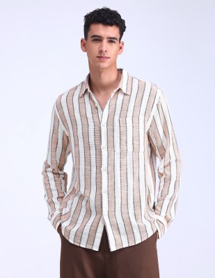 FLYING MACHINE Men Striped Casual Beige, White Shirt