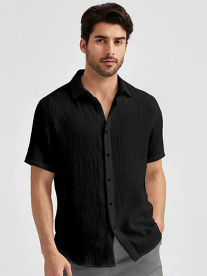 Webric Men Self Design Casual Black Shirt