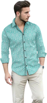 Style Grove Men Printed Casual Light Green, White Shirt