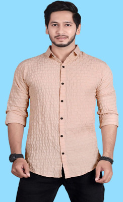 PEARL OCAN Men Self Design Casual Beige Shirt