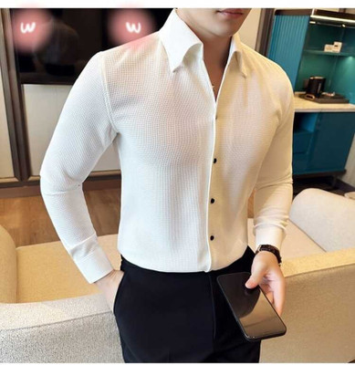 HEJAMAA CREATION Men Self Design Casual White Shirt