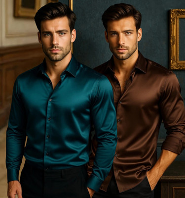 FABDECK Men Printed Party Maroon, Dark Green Shirt(Pack of 2)