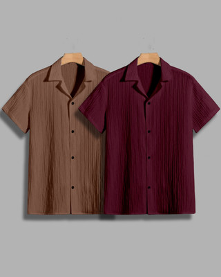 House of Vinay Men Self Design Casual Brown, Maroon Shirt(Pack of 2)