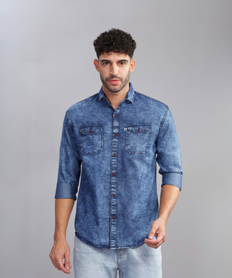 AIDAN PAUL Men Washed Casual Blue Shirt