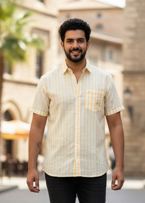 HouseOfCommon Men Striped Casual Yellow, White Shirt