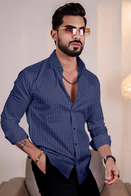 Growwax Men Checkered Casual Dark Blue Shirt