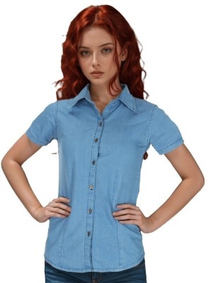 Wingzss Women Solid Casual Blue Shirt