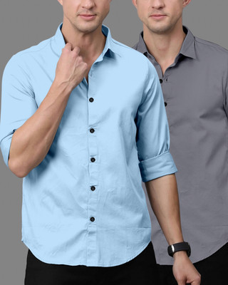OXXOM Men Solid Casual Grey, Light Blue Shirt(Pack of 2)
