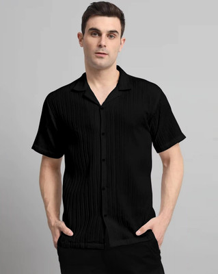 kruze Men Self Design, Striped Casual Black Shirt