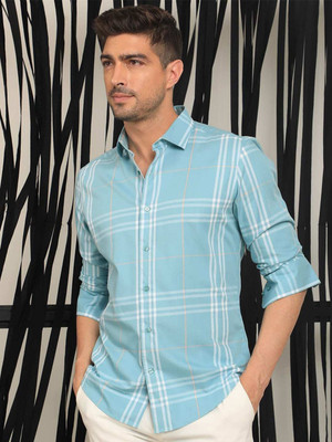 RARE RABBIT Men Checkered Casual Light Blue Shirt