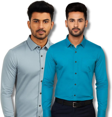 VIMASUTI Men Solid Casual Grey, Blue Shirt(Pack of 2)