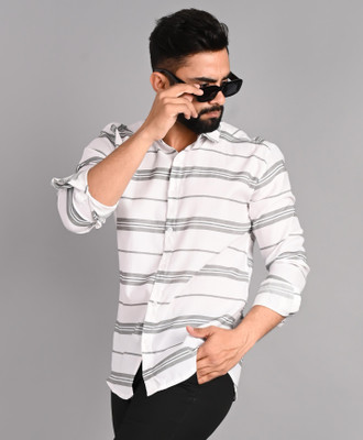 FUBAR Men Striped Casual White Shirt