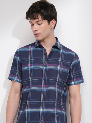 HIGHLANDER Men Checkered Casual Blue Shirt