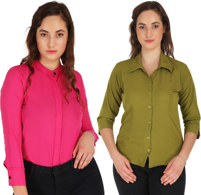 HEAVENS CREATIONS Women Solid Formal Dark Green, Pink Shirt(Pack of 2)