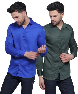 FILNECH Men Solid Casual Blue, Green Shirt(Pack of 2)