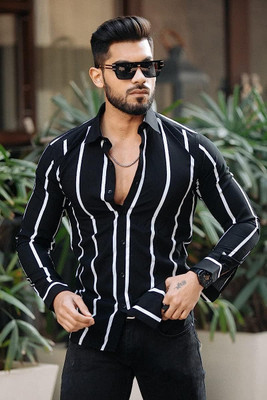 R J BESTWAY Men Striped Casual Black Shirt