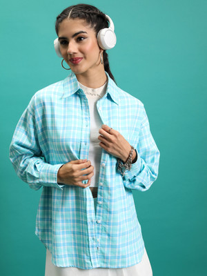 Tokyo Talkies Women Checkered Casual Blue, Light Blue, White Shirt