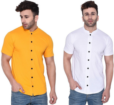 Money Leaf Men Solid Casual White, Yellow Shirt(Pack of 2)