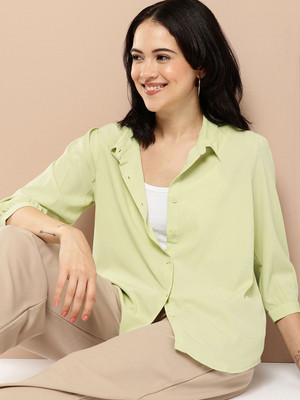 encore by INVICTUS Women Solid Casual Green Shirt