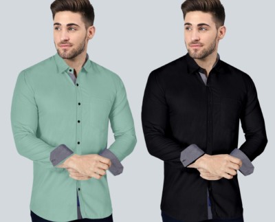 VTEXX Men Solid Casual Light Green, Black Shirt(Pack of 2)