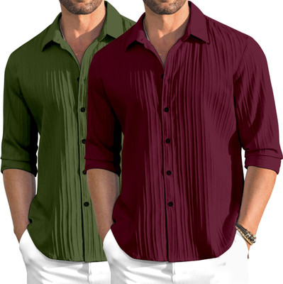 OXXOM Men Self Design Casual Green, Maroon Shirt(Pack of 2)