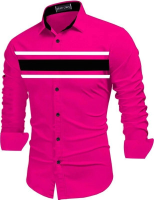 Plum Crazy Men Color Block Casual Pink, Black Shirt