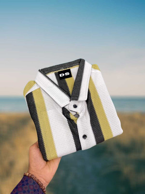 Pribha Fashion Men Striped, Self Design Casual Yellow Shirt
