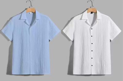 VRLOOKS Men Self Design Casual Light Blue, White Shirt(Pack of 2)