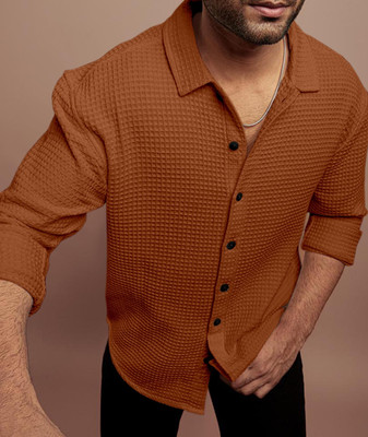 Virast Fashion Men Self Design Casual Orange Shirt
