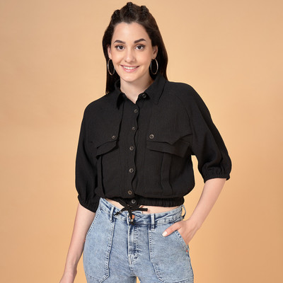 SF Jeans by Pantaloons Women Solid Casual Black Shirt