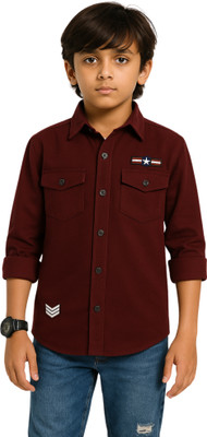 ROCKET SCIENCE Boys Self Design Casual Maroon Shirt