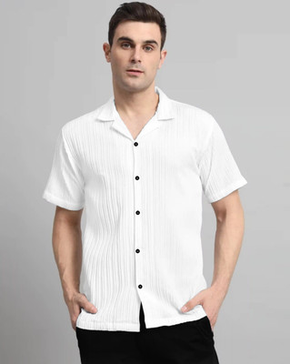 kruze Men Self Design, Striped Casual White Shirt