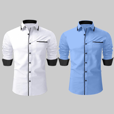 LAXBON Men Solid Casual White, Light Blue Shirt(Pack of 2)