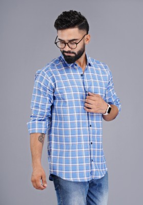 Wristy Men Checkered Casual White, Light Blue Shirt