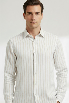 Sylora Men Striped Casual Gold, White Shirt