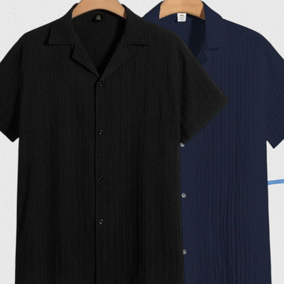 Jenil Fashion Men Self Design Casual Black, Dark Blue Shirt(Pack of 2)