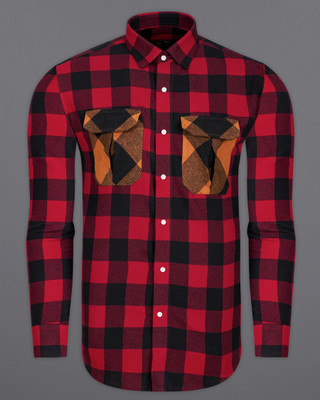 french crown Men Checkered Casual Black, Red Shirt