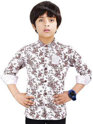 Paper Crane Boys Printed Casual White, Maroon Shirt