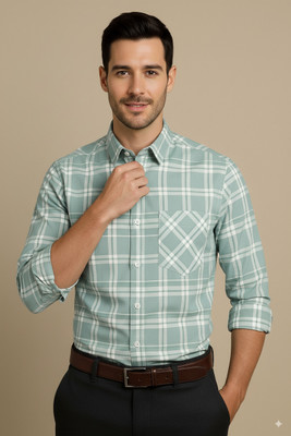 Fashion Men Checkered Formal Light Green, White Shirt