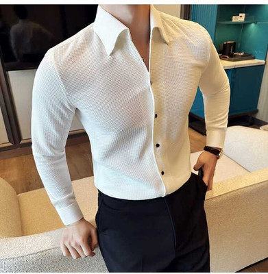 DUCCKCREATION Men Solid, Self Design Casual White Shirt