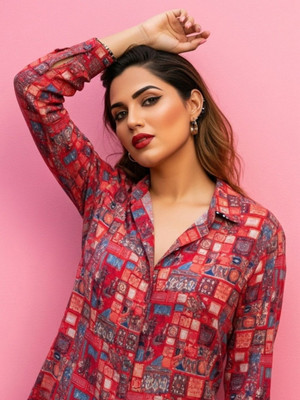 Darvi Women Printed Casual Pink Shirt